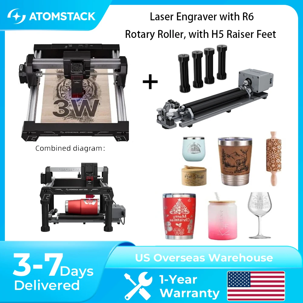 ATOMSTACK Swift Mini Laser Engraver with R6 Rotary Roller With H5 Raiser Feet 100%Pre-Assembled Beginner Machine FREE Al Software 360°Rotation For Tumblers Rings Balls DIY Gifts & Small Business