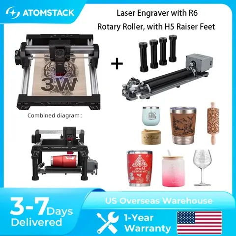 ATOMSTACK Swift Mini Laser Engraver with R6 Rotary Roller With H5 Raiser Feet 100%Pre-Assembled Beginner Machine FREE Al Software 360°Rotation For Tumblers Rings Balls DIY Gifts & Small Business