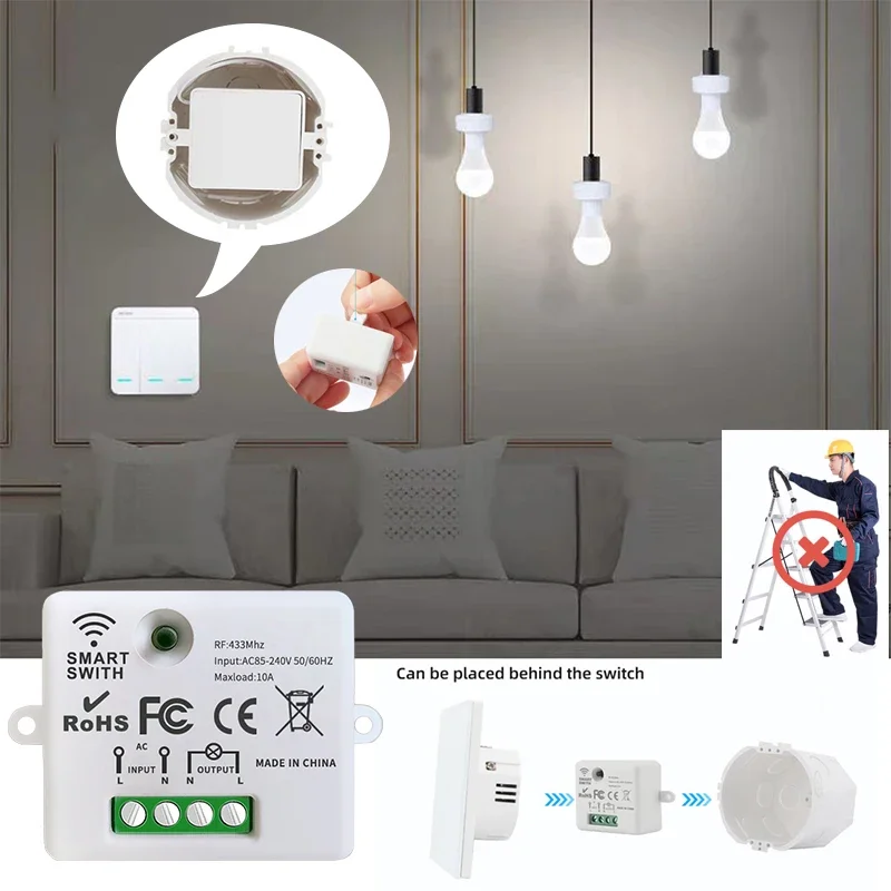 Wireless RF Smart Light Wall Switch with Remote Control Touch Wall Panel Mini Relay Receiver 110V 220V 10A (inlude battery)