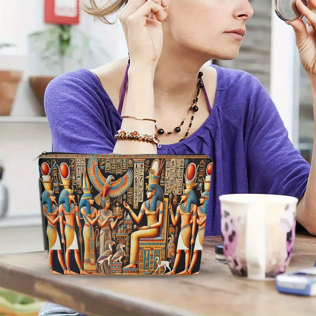 Un sac de maquillage du pharaon égyptien - Jolie pochette multifonctionnelle à fermeture éclair pour femme, sac de rangement de bijoux