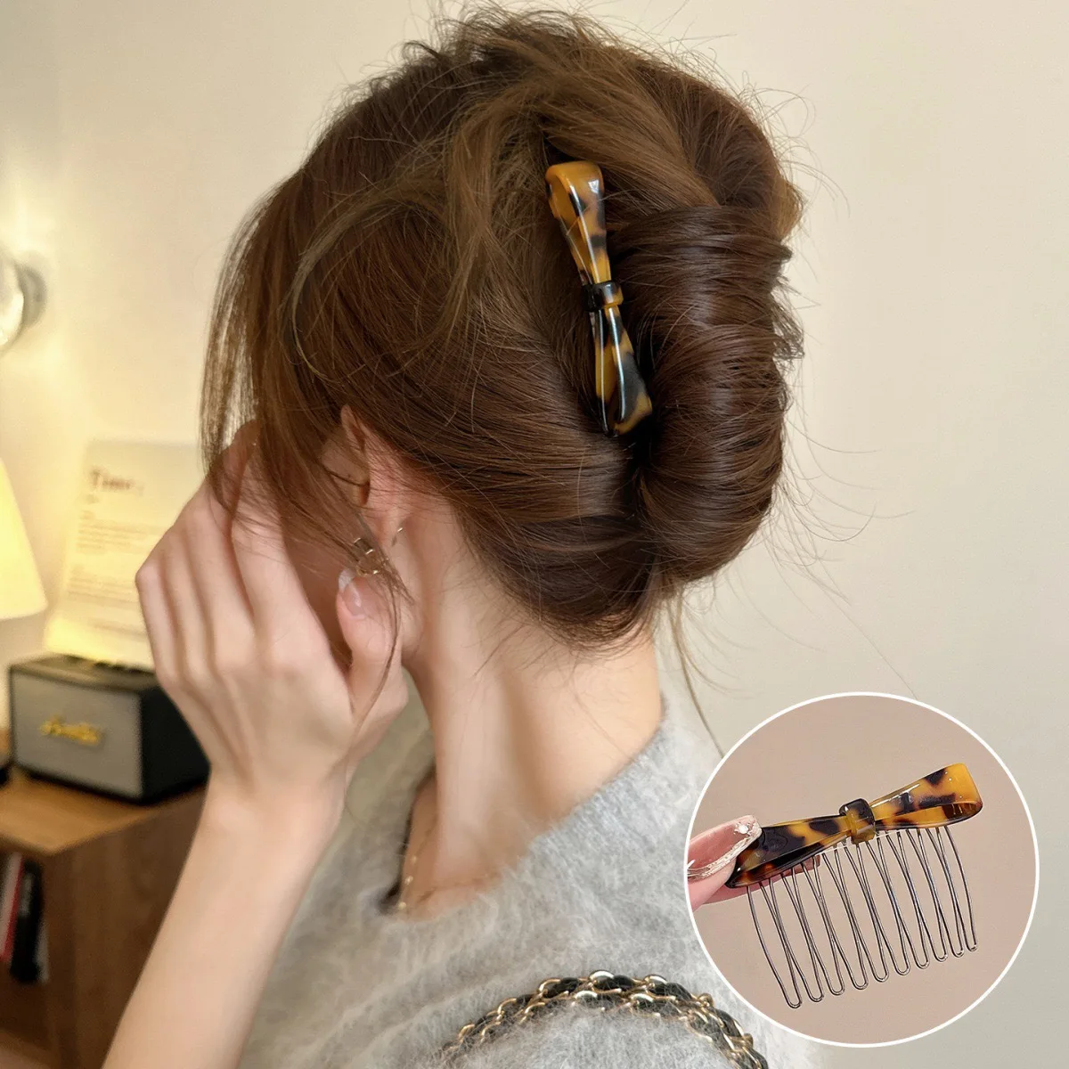 1 Stück Koreanischer Haarkamm mit Schmetterlings-Schleife aus strukturiertem Acetat für Pony, Stirnfrisuren und halb aufgesteckte Haardekoration – Detail 4
