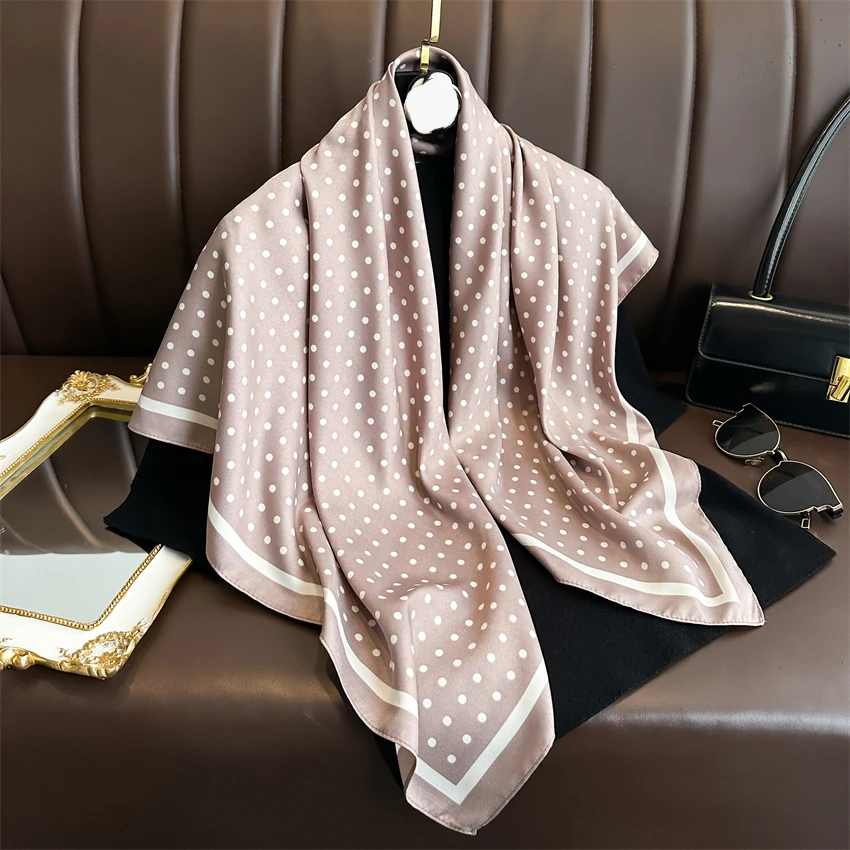 Summer Elegant Women 90cm Twill Silk Square Hair Scarf Dot Print Sunscreen Beach Stoles Hijab Shawl Wraps Bandana Echarpe