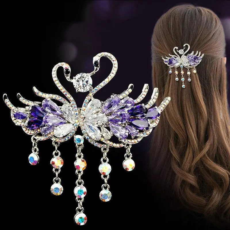 

Women Luxury Crystal Tassels Swan Hair Accessories Spring Autumn Butterfly Shiny Hair Clip Mother Hairpins Female New Headwear