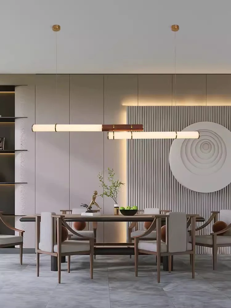 Nieuw retro restaurant, woonkamer, bar, kroonluchter met lange strip, studeerkamerontwerper, displaykroonluchter met houtnerf aan de receptie - afbeelding 2