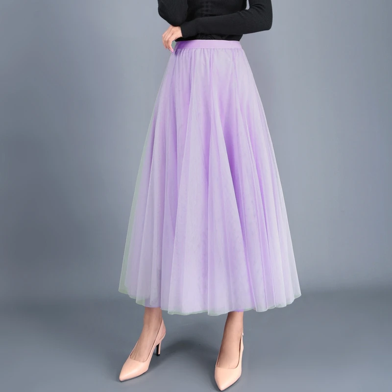 

TingYiLi Autumn Tulle Skirt Gray Brown Beige Pink Black Long Skirts Womens Elegant Maxi Skirt