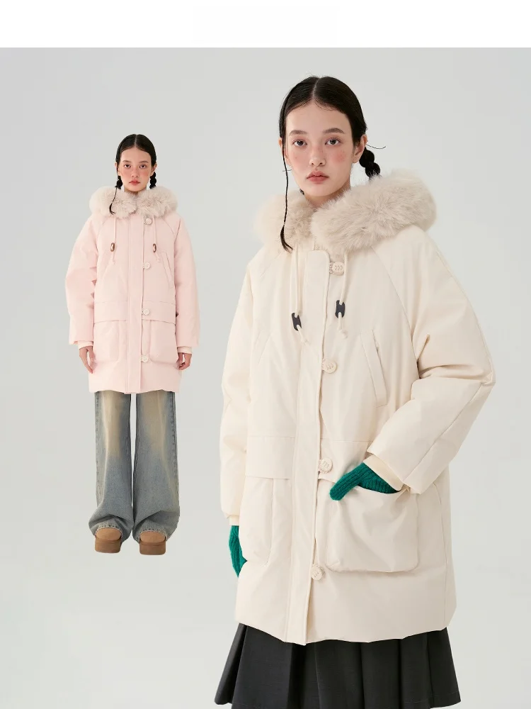 

Оригинальная женская зимняя куртка-парка NAPSNAPS с капюшоном, средней длины, на 90% из белого утиного пуха, теплая, с большим меховым воротником