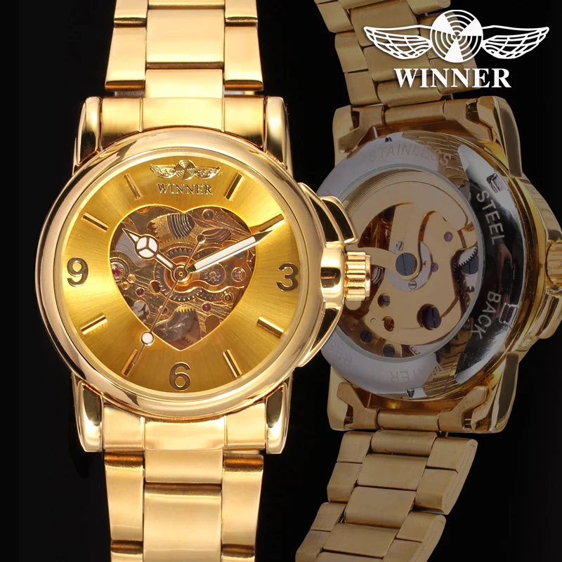 Winner Watch Women Heart Watches Full Steel Gold Skeleton Automatic Mechanical Wristwatches Ladies Reloj Mujer Relogio Feminino