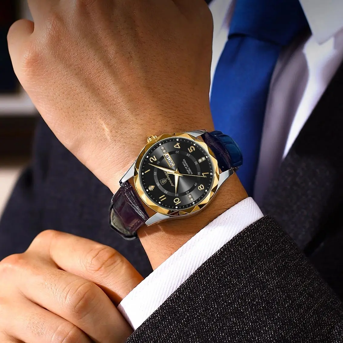 포에다가 남성용 비즈니스 고급 시계, 패션 쿼츠 가죽 남성 시계, 방수 야광 날짜 요일 남성 손목시계 렐로즈