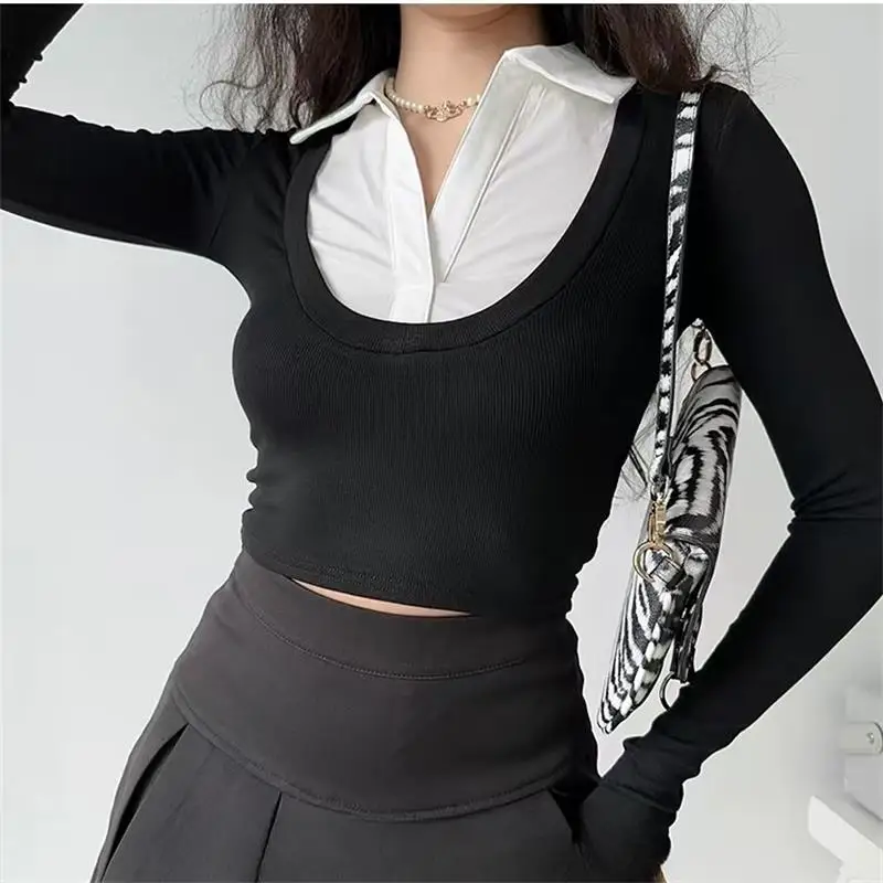 Women False Two-piece V-neck Blouse Autumn Casual Korean Y2k Streetwear T Shirts Sexy Slim Female Pullovers Long Sleeve Crop Top