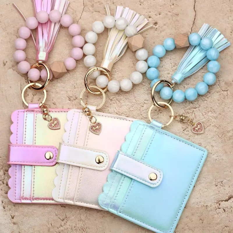 Adorable Girls Card Holder Gradient Color Wallet Heart Charm Silicone Bead Bracelet Leather ID Case - Fashionable Organizer
