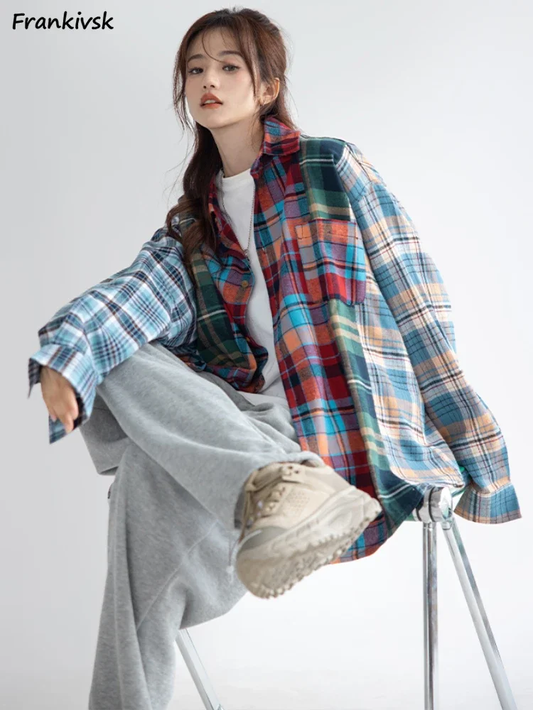 Plaid Shirts Women Contrast Color American Retro Nostalgic Baggy Slouchy Long Sleeve Streetwear All-match Ladies Clothing Autumn