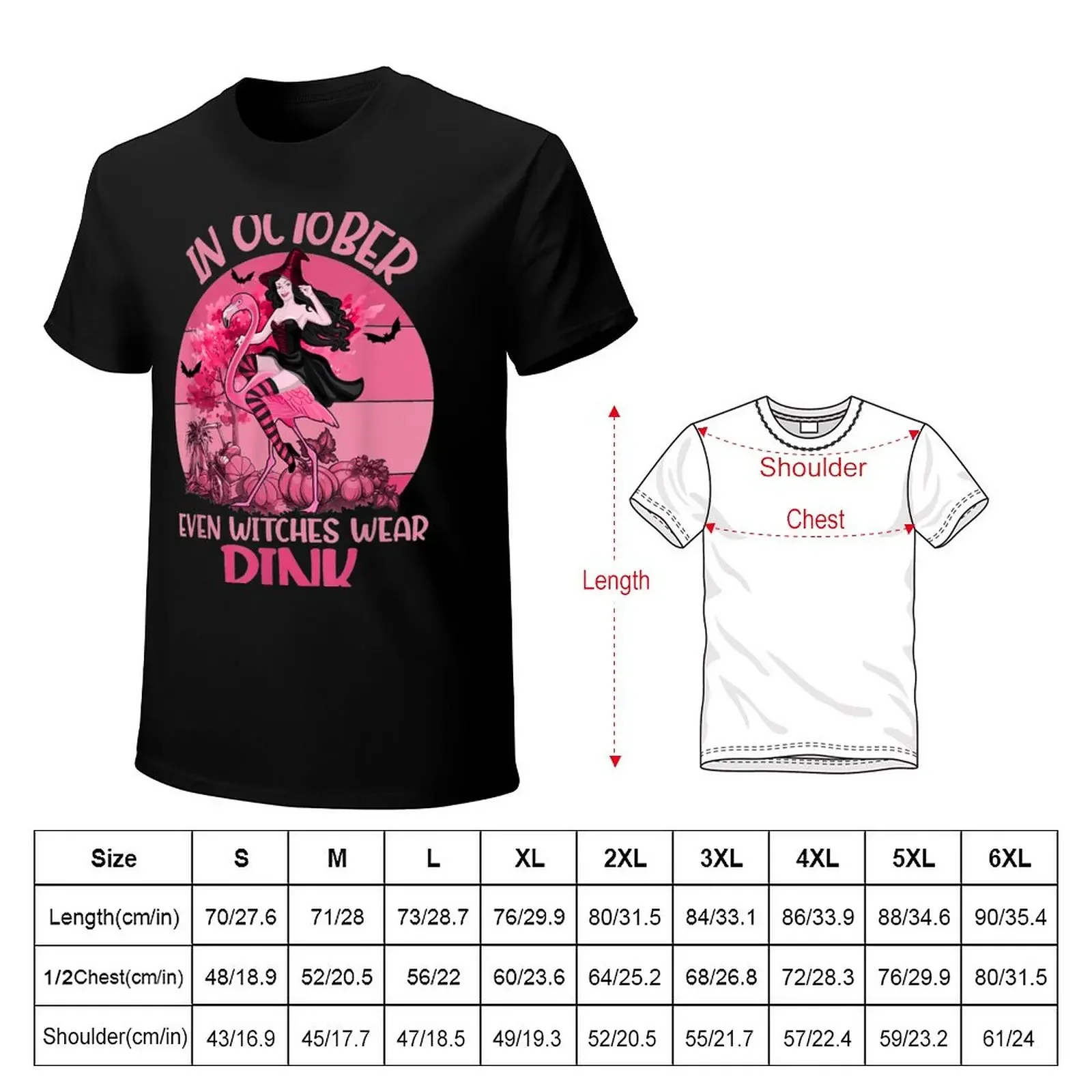 In October Even Witches Wear Pink Tee Breast Cancer Flamingo T-Shirt oversizeds hippie clothes summer tops designer t shirt men