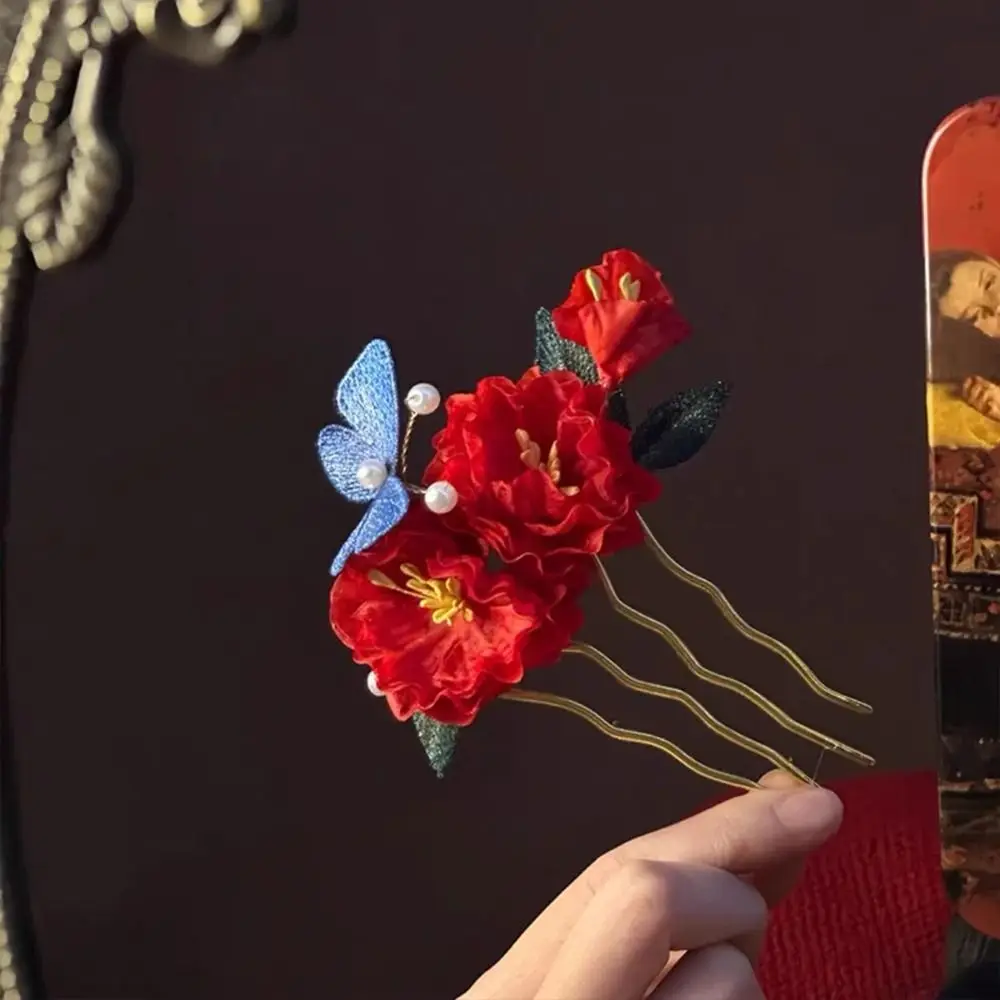 Elegante borla flor vermelha grampo de cabelo novo estilo chinês retro madeira vara de cabelo pérola antigo hanfu hairpin para mulher