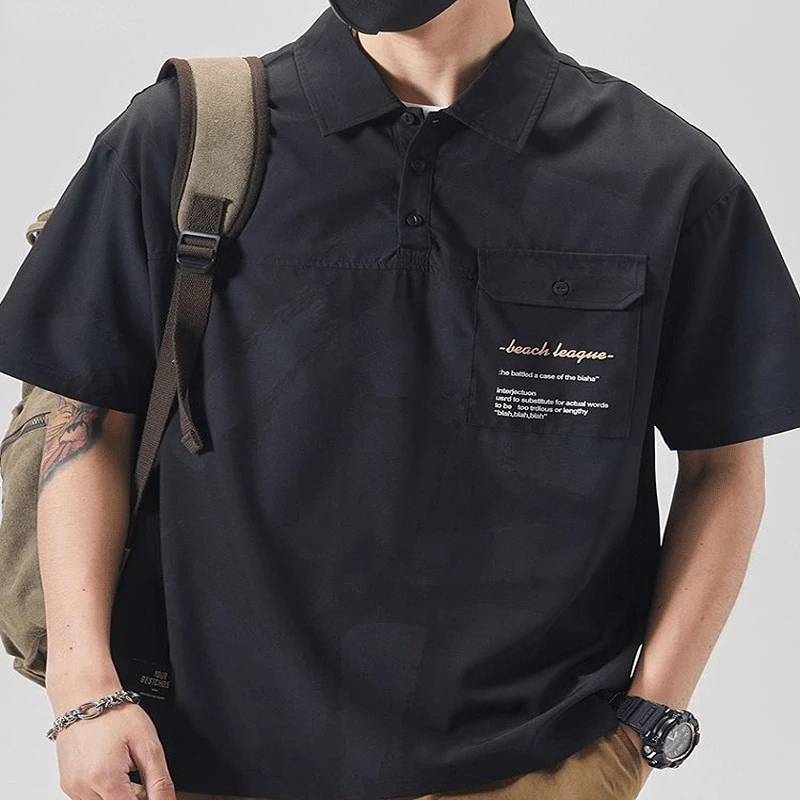 2023 Short Sleeve New Men\'s Clothing Fashion Casual Summer Thin Ice Shreds Lapel Spliced Pocket Printed Loose Trend T-shirt