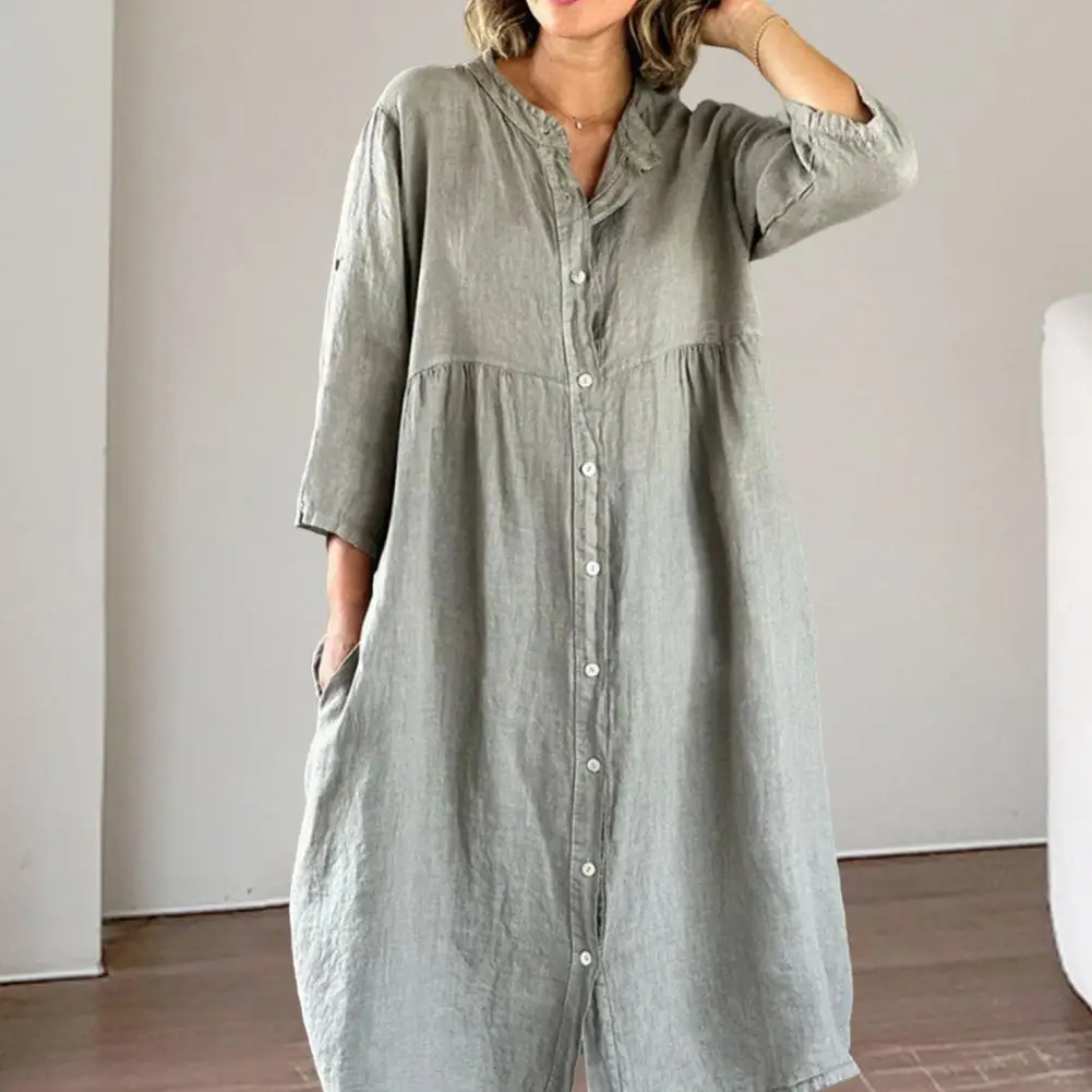 Robe Longue en Coton et Lin pour Femme, Simple, à Manches sulf, Col Rabattu, Décontractée, lèvent, Chemise, Vacances, 2024