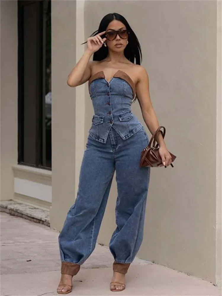 

EOENKKY Hottie Denim 2-Piece Set Women Strapless Patchwork Single Breasted Top+Pants Matching Hip-Hop Skinny Street Clubwear