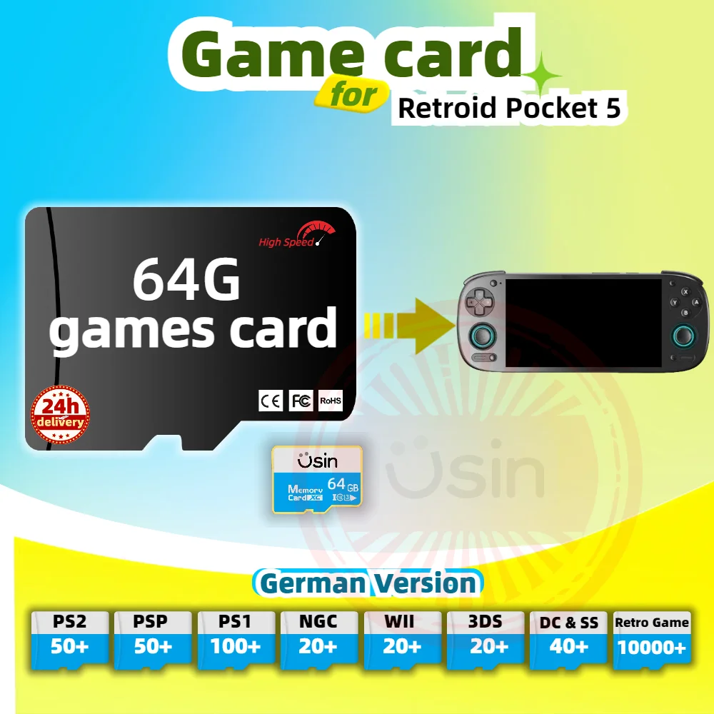 SD Game Card For Retroid Pocket 5 4 Pro 3 Plus German Version Retro PS2 PSP Games Android Gaming portable Console Memory TF 64G