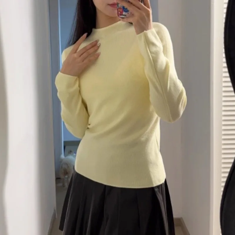 

Корейский простой однотонный воротник-стойка, мягкий женский вязаный топ с длинными рукавами, осень-зима, новый повседневный тонкий универсальный свитер