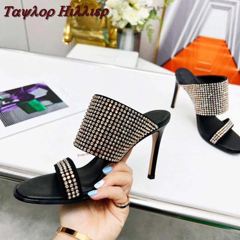 

Outerwear Rhinestone Open-Toed High-Heeled Slippers Stiletto Simple Hot Diamond All-Match Blingbling Fashion Dress Sandals 46