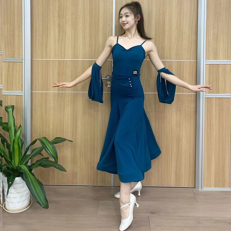 

Modern Ballroom Dance Dress Women Sleeveless Navy Blue Waltz Dance Costume Tango Dress Adult Latin Ballroom Practice Wear BL9766