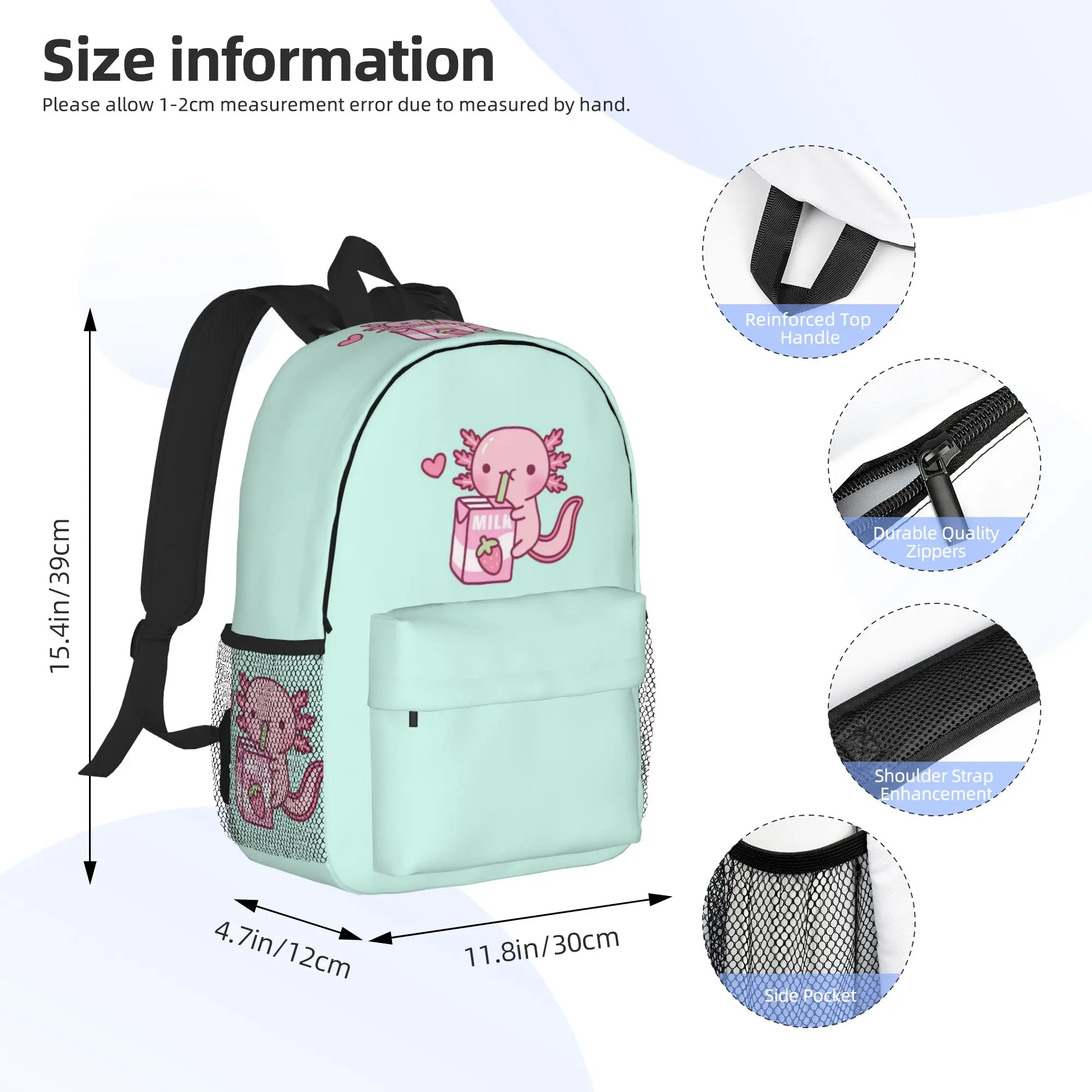 Cute Axolotl Loves Strawberry Milk Doodle Backpack Hot Sale Daypack Boys Girls BookBag Shoulder Bags for Men Women School Bag