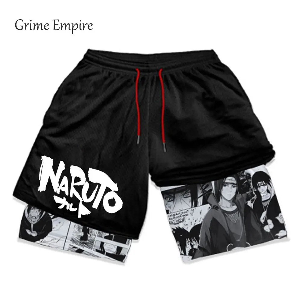 Pantalones cortos de gimnasio de Anime para hombre, 2 en 1, doble capa, transpirables, absorbentes del sudor, de secado rápido, para gimnasio,