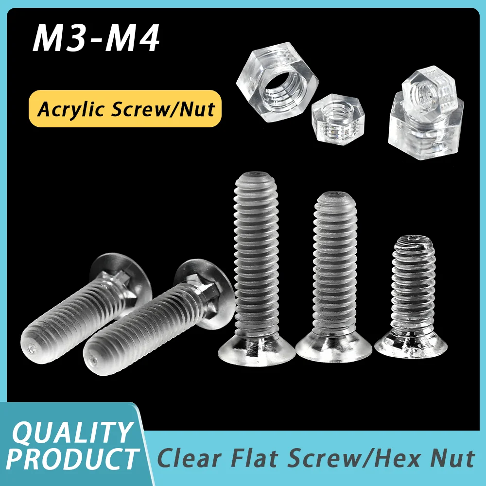 20/30/50/100pcs Hex Nut  transparent screw M3 M4 Flat Phillips Cross Head Bolt Acrylic Clear Plastic Nylon Screws Nuts