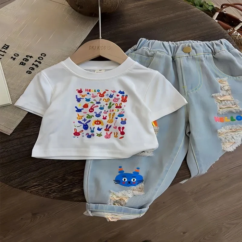 Mädchen perforierte Jeans Set neue Sommer dünne Kinder Baby Kurzarm T-Shirt Set von 2 westlichen koreanischen Edition