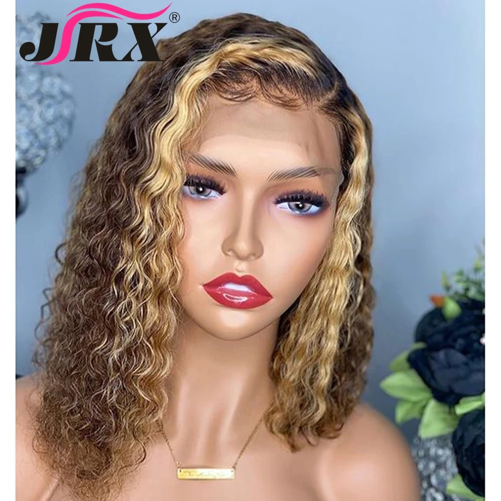 

Highlight Colored Short Curly Human Hair Wig with Bangs Full Machine Made Peruvian Short Bob Water Wave Remy Wigs for Women