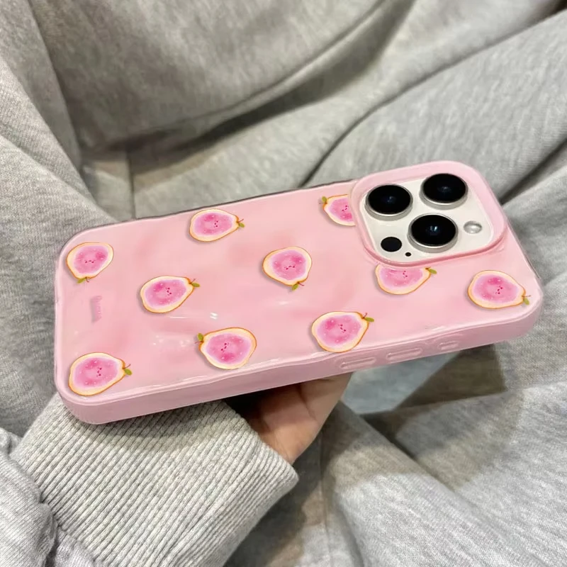 シンプルなフルーツ ドリアン アボカド グアバ 可愛い折りたたみテクスチャ iPhone 11 12 13 14 15 16 Pro Max Plus対応 耐衝撃 ソフトケース