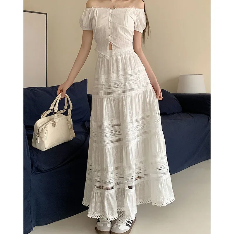 MiiiiX French Retro Elegant Embroidery Hollow Skirt Versatile Loose Striped A-line Long Cotton Skirt 2024 Summer Women's Clothes