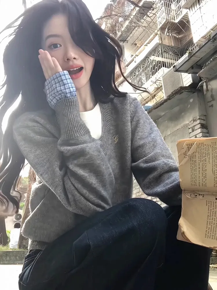 

Ленивый стиль, женский вязаный свитер с длинными рукавами, свободная верхняя одежда, базовый слой, серый трикотаж, осенне-зимняя модная повседневная одежда