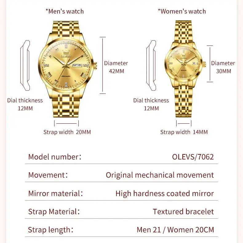 OLEVS Couple Watch Brand Luxury Gold All Automatic Mechanical Watch Elegant Romantic Date Dress Men Women Bracelet Couple Watch