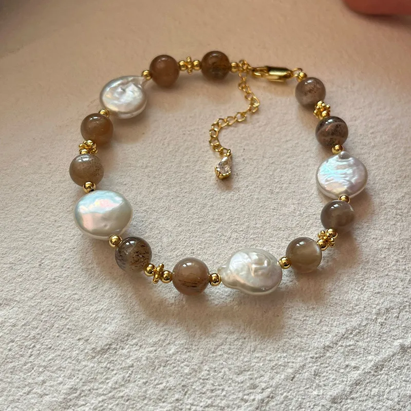 

Natural Baroque Button Freshwater Pearl Coffee Colored Agate 14K Gold Filled Female Bracelet Jewelry Women Engagement Gifts