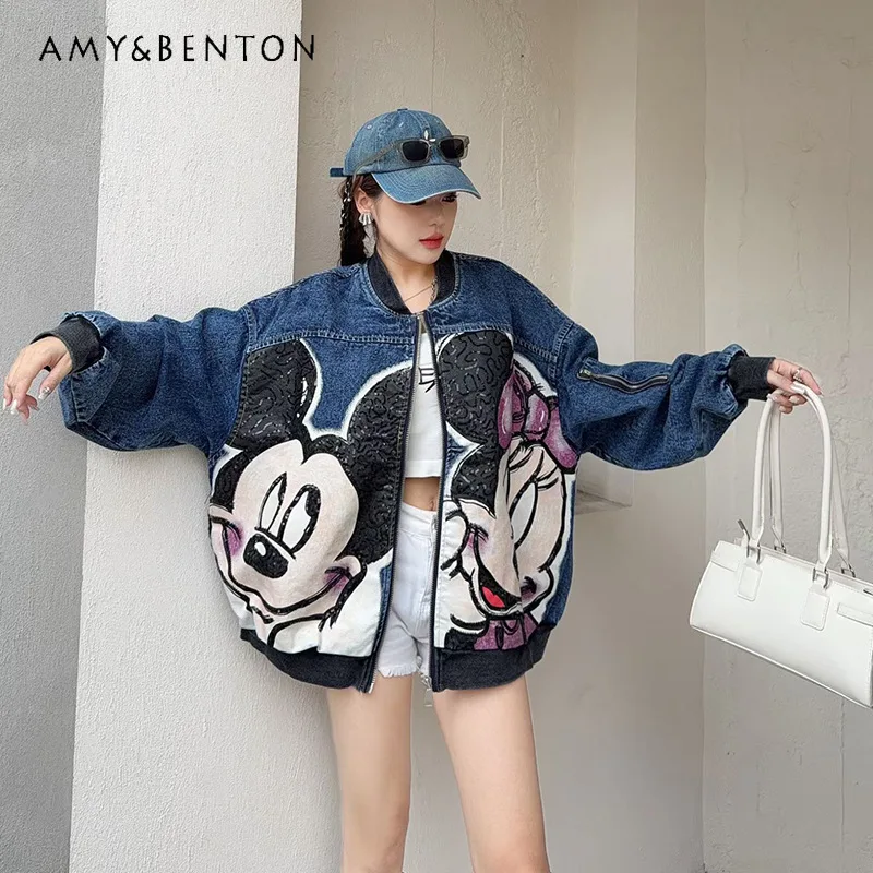 

Модная брендовая джинсовая куртка для женщин, весна-осень 2026, новая стильная омолаживающая бейсбольная куртка с мультяшной вышивкой