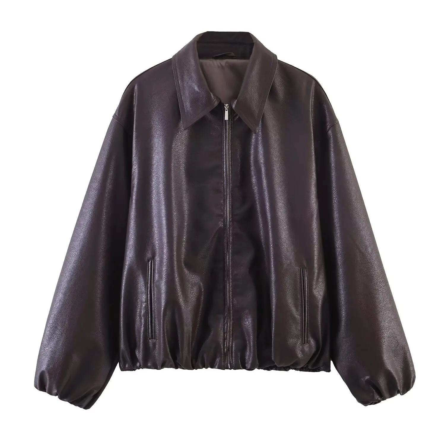 

Женская модная повседневная кожаная куртка на молнии, женская куртка на молнии с отложным воротником, свободная куртка-бомбер с пышными рукавами B7OE