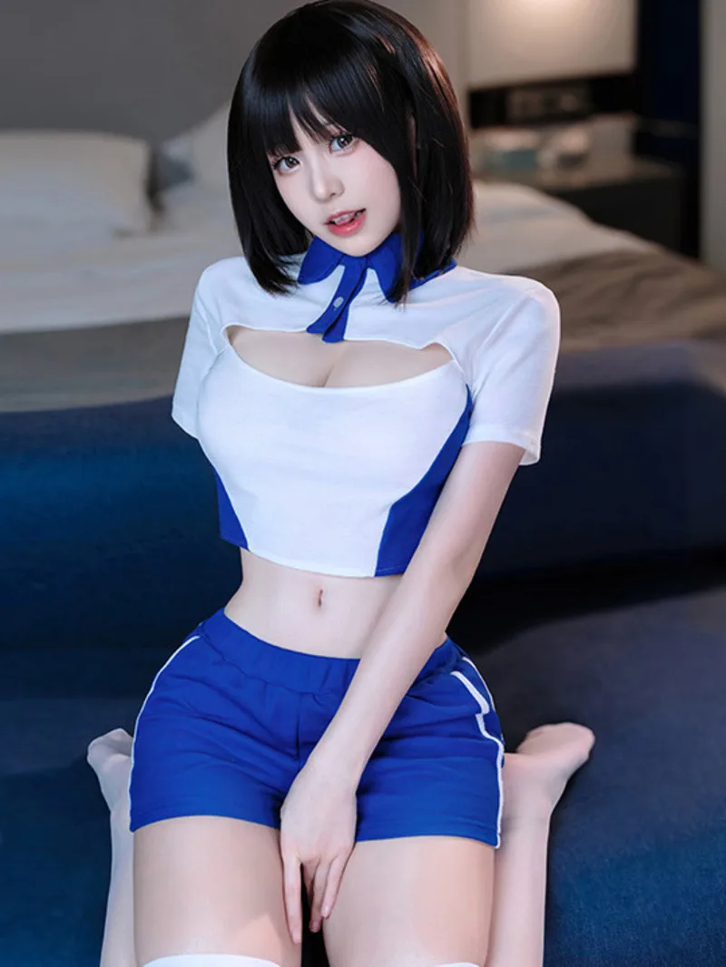 

2024 New Sexy College Style Lapel Short Sleeve Hollow Out Slim Color Blocking Short Top+high Waisted Casual Shorts Set 00UE