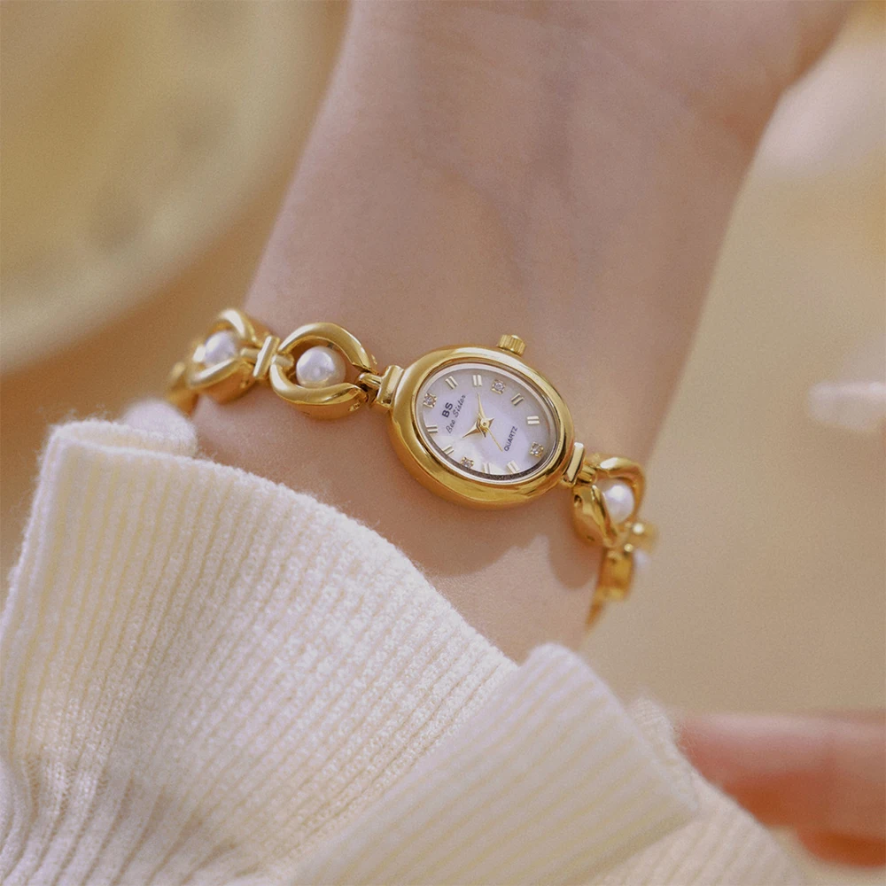 BS Bee Sister Luxury Vintage Temperament Ladies Watches Quartz Elegant Woman Wristwatch Pearl Small Chain Women's Watch