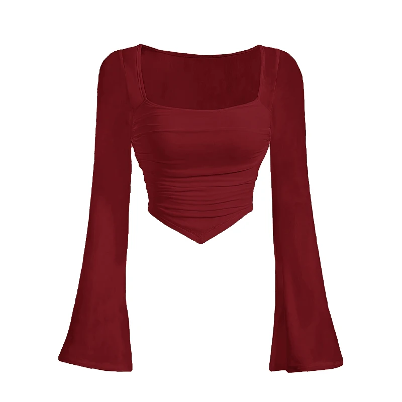 เสื้อผ้าเซ็กซี่สำหรับผู้หญิงไซส์ใหญ่ เสื้อครอปแขนยาวผ้าตาข่ายซีทรู แต่งผ้ารูดแบบไม่สมมาตร เสื้อยืดสไตล์ Y2K ลำลอง สตรีทแวร์