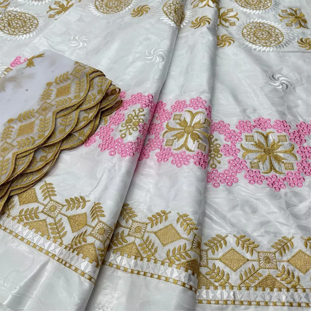 New 5+2 Yards White Bazin Riche Fabric Good Quality 100% Cotton Guinea Brocade Garment Fabric Orange Africa Fabric Sewing Robe