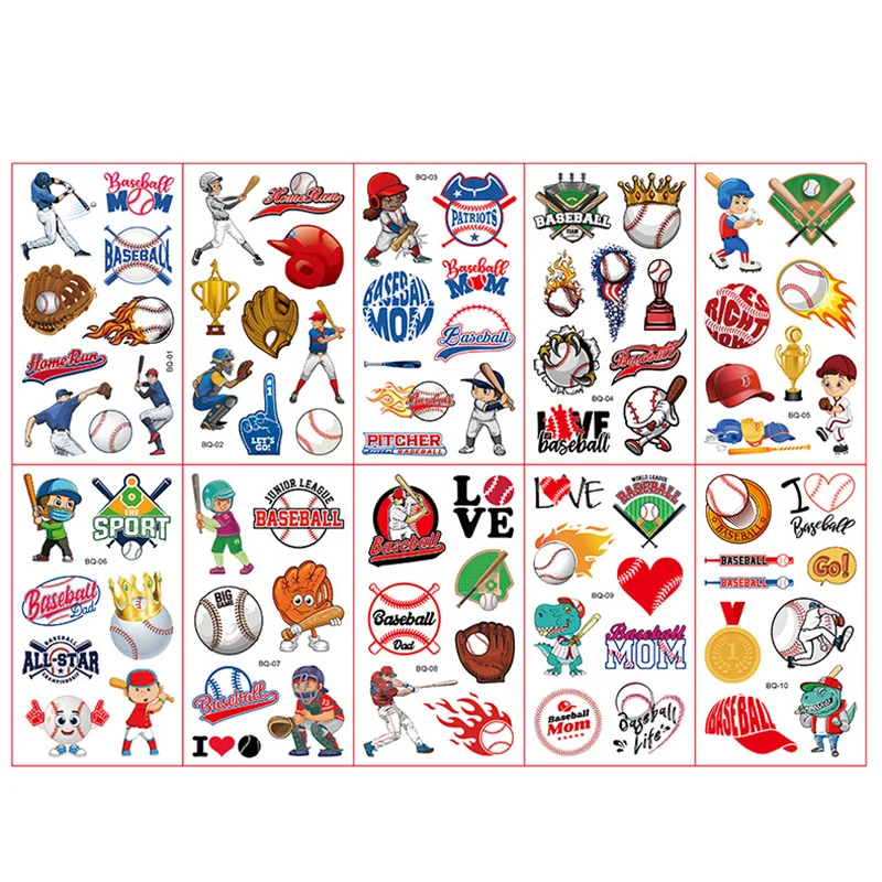 10Sheets Cartoon Basketball Rugby Football Baseball Temporary Tattoo Stickers Baby Shower Kid Body Sticker Tattoos Sport Party