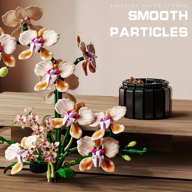 Set de Bloques de Construcción de Orquídea en Maceta, Modelo de Planta Artificial, Decoración Elegante para Escritorio, Oficina, Sala de Estar, Dormitorio, Fiesta de Bodas, Regalo Romántico de San Valentín o Aniversario para Mujeres y Enamorados