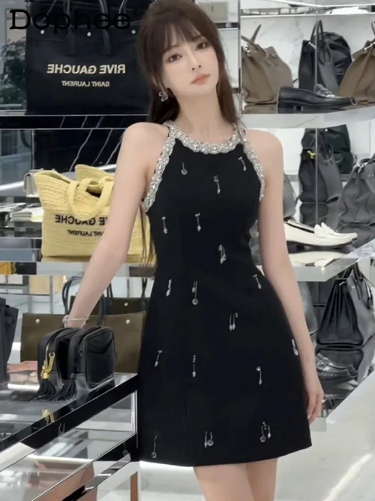 

French Elegant Lady Rhinestone Neck Waist Women's Dress 2026 Summer Gentle Sweet Beaded Off-Shoulder Fringed Dress