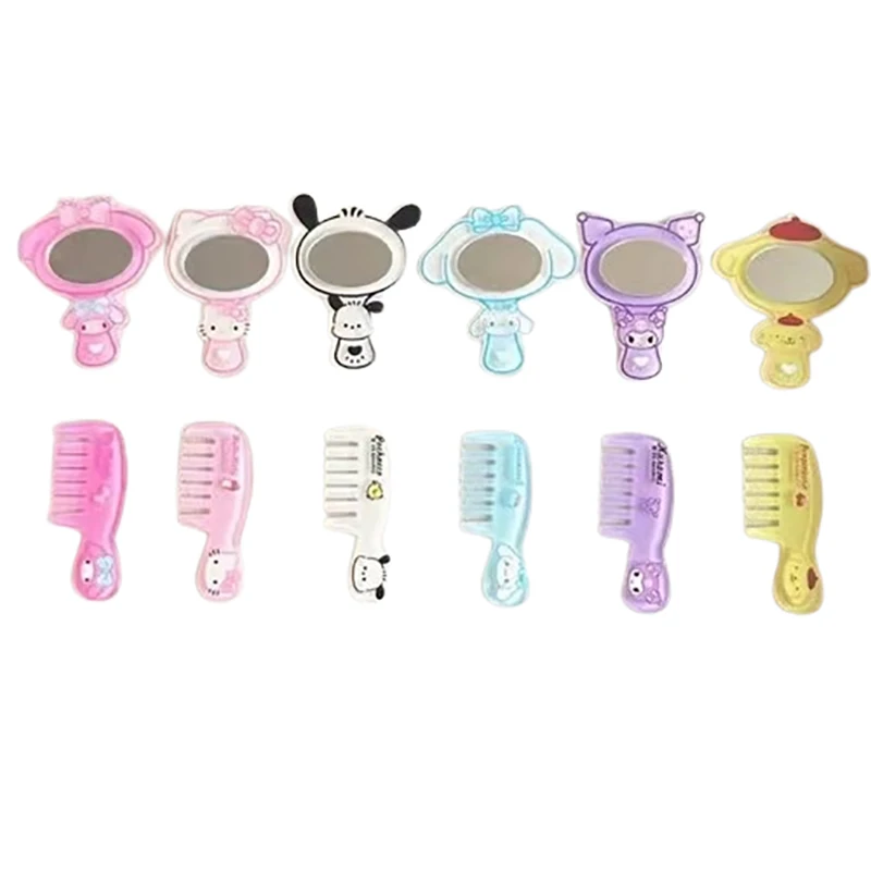 2PCS/Set Sanrio Hello Kitty Cinnamoroll Kuromi Mymelody Pochacco Mini Makeup Mirror Toys Girl Portable Small Comb Makeup Mirror