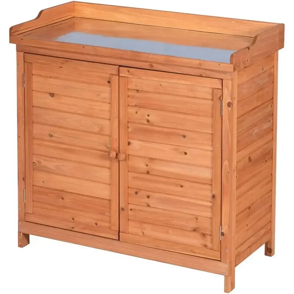 Outdoor Patio Wooden Storage Cabinet with Waterproof Tool Shed and Potting Benches for Garden Workstation Table (Natural)