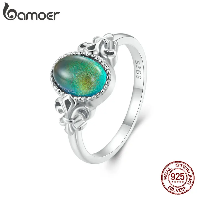 BAMOER Solid 925 Sterling Silver Emotion Ring Oval Stone Color Change Mood Ring Fine Jewelry Gift BSR454