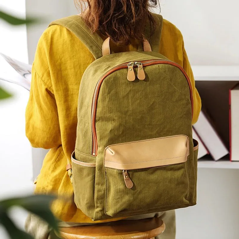 

AETOO A backpack for women, a canvas and leather Japanese-style large-capacity high school and college student bag, a 14-inch ar