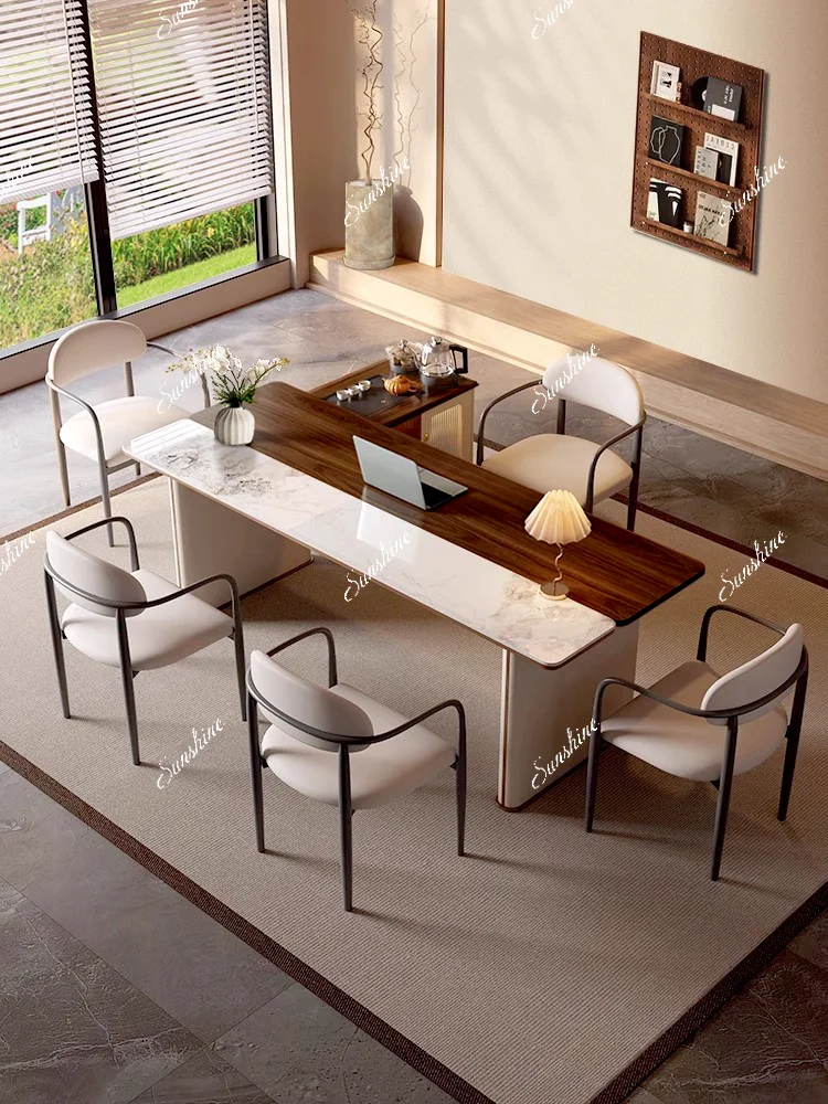 Solid wood rock slab tea table and chair combination Modern office kettle integrated, household, simple