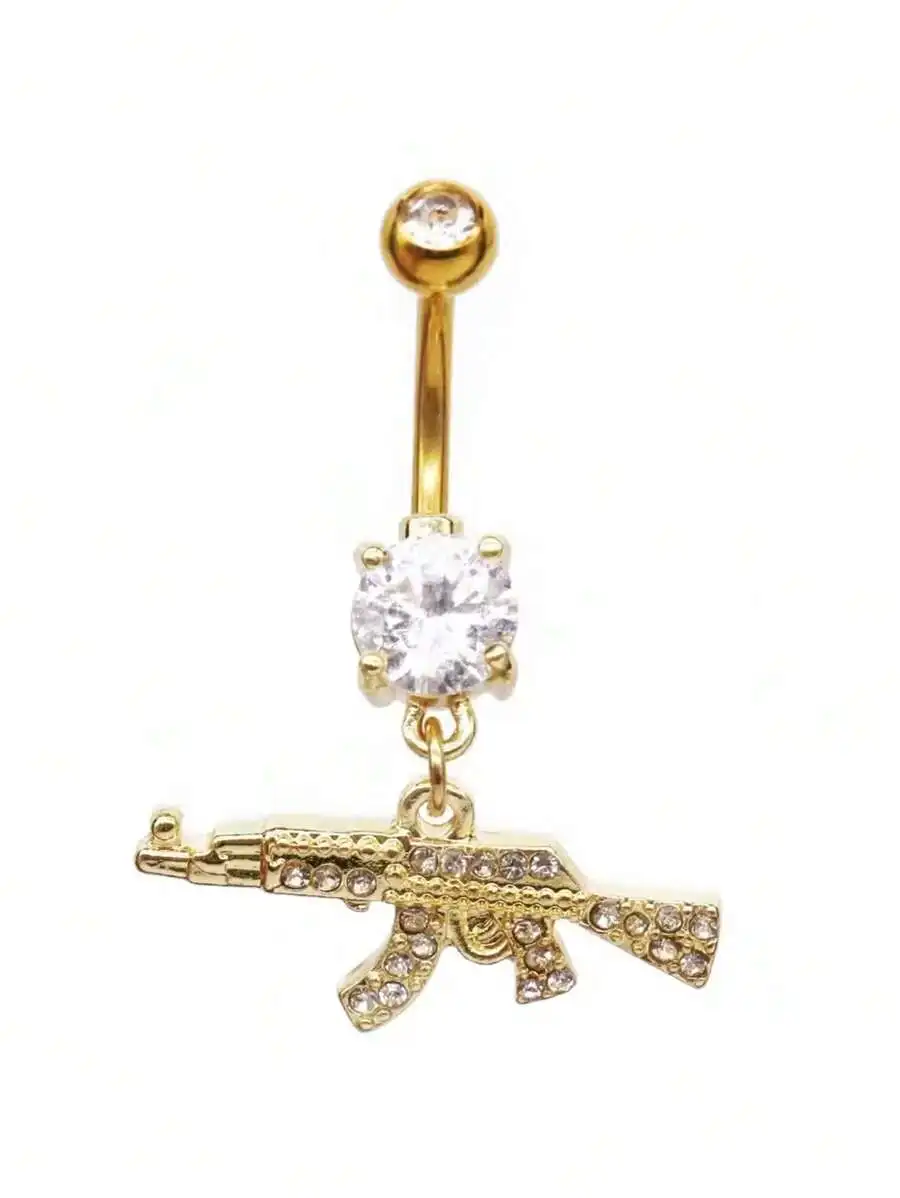 

Gold Tone Navel Ring Featuring Crystal-Set AK-47 Pendant With Central Clear Gem And Rhinestone Accents, Surgical Steel