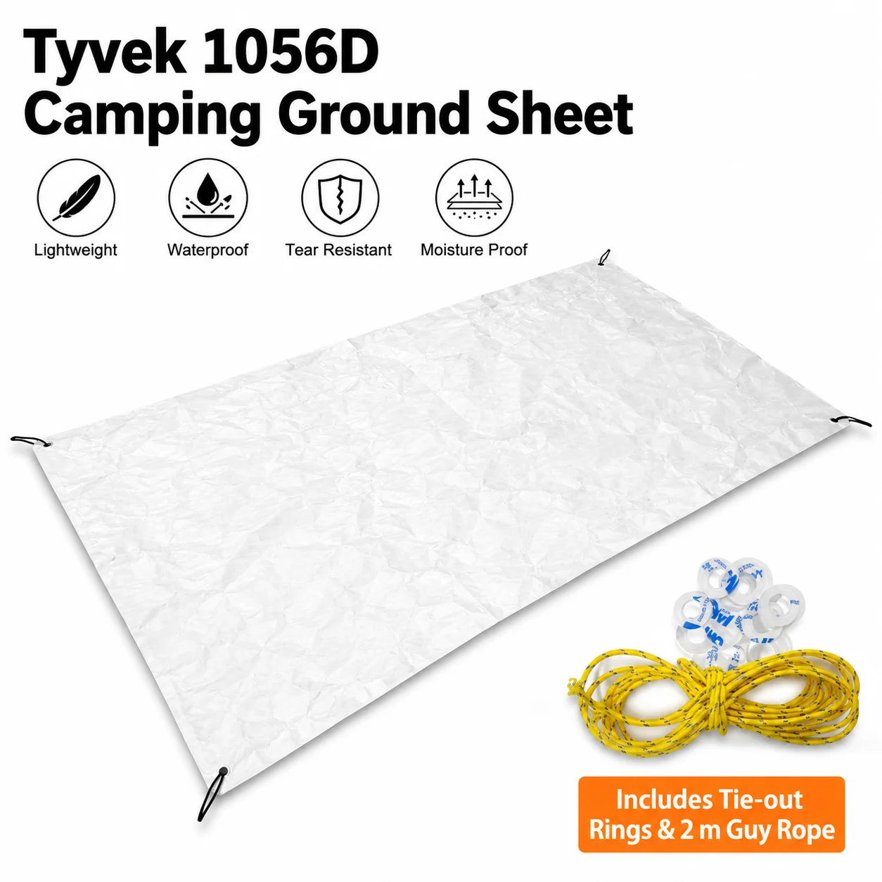 1056D Tyvek Camping Ground Sheet 55g/㎡ Ultralight Waterproof Tent Footprint Tear Resistant Foldable Picnic Mat with Guy Lines